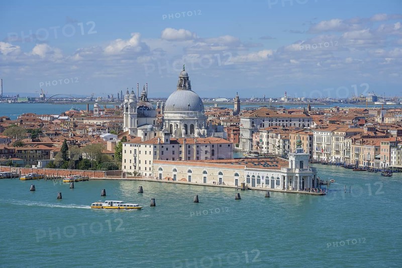 View from the tower of the church of San Giorgio Maggiore to the church of Santa Maria della Salute, Venice, Metropolitan City of Venice, Italy, Europe