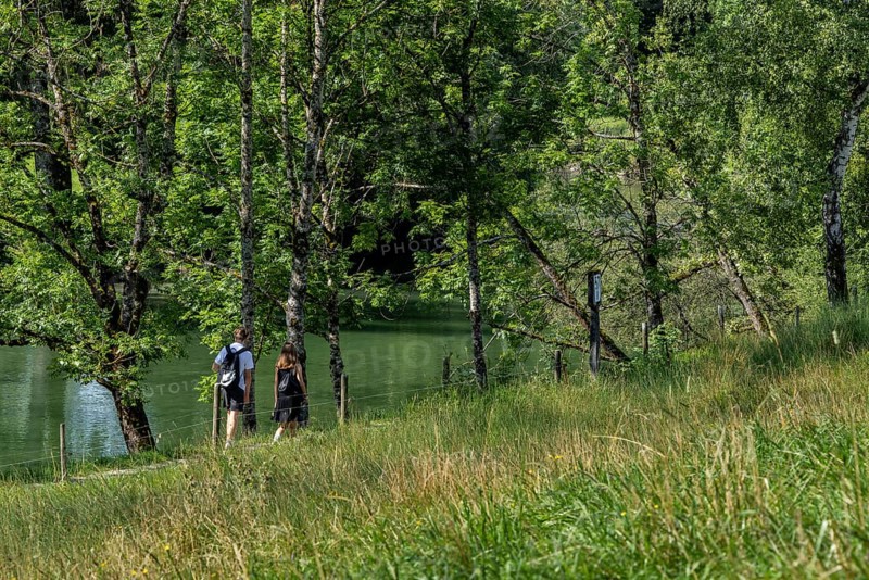 Cyclists and hikers on a circular route on Lake Tegernsee, Bavaria, Germany, Europe