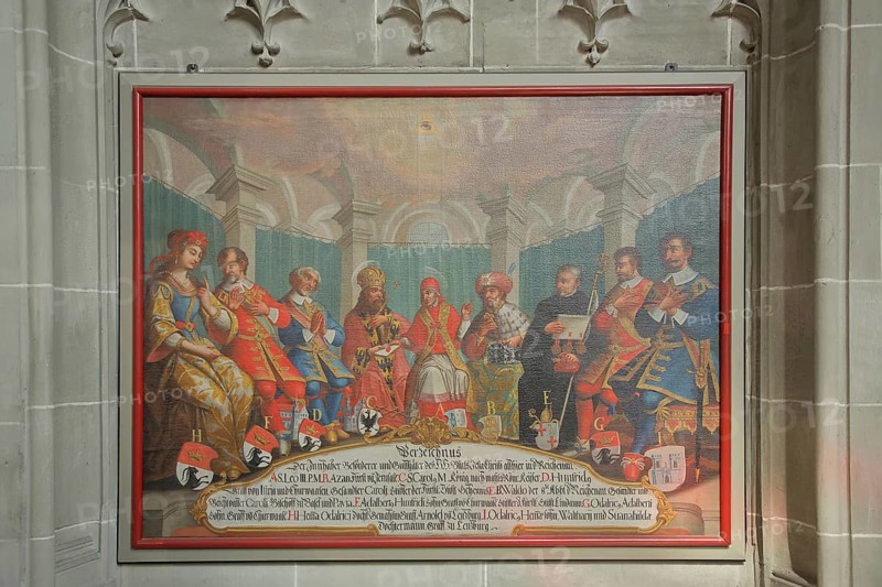 Historical painting with abbot, king, prince, Ottonian, UNESCO Church of St Mary and St Mark, monastery, interior view, arts and crafts, cathedral, Mittelzell, Reichenau Island, Untersee, Lake Constance, Lake Constance region, Baden-Württemberg, Germany, Europe