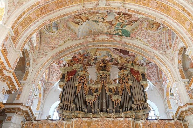 Fresco cycle, ceiling frescoes, interior of the Cistercian abbey church Fürstenfeld in Fürstenfeldbruck, Upper Bavaria, Bavaria, Germany, Europe
