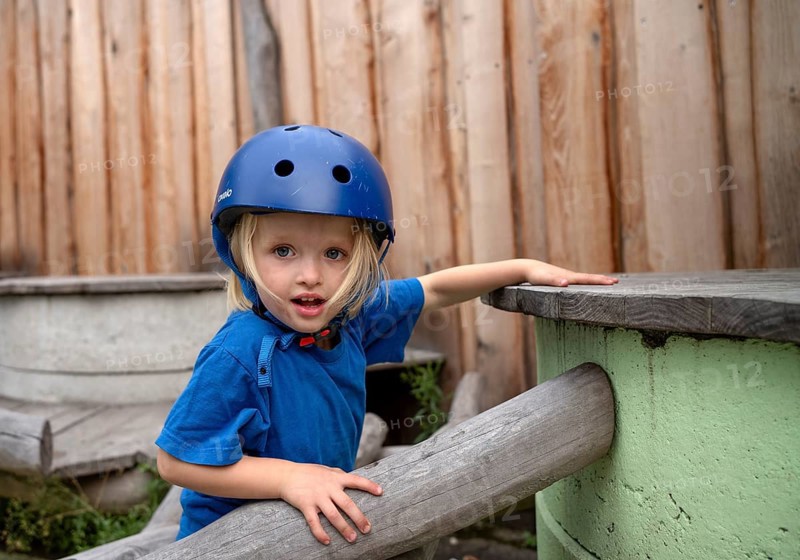Little girl, 3 years, blonde, helmet, helmet, playing, adventure playground, playground, Stuttgart, Baden-Württemberg, Germany, Europe