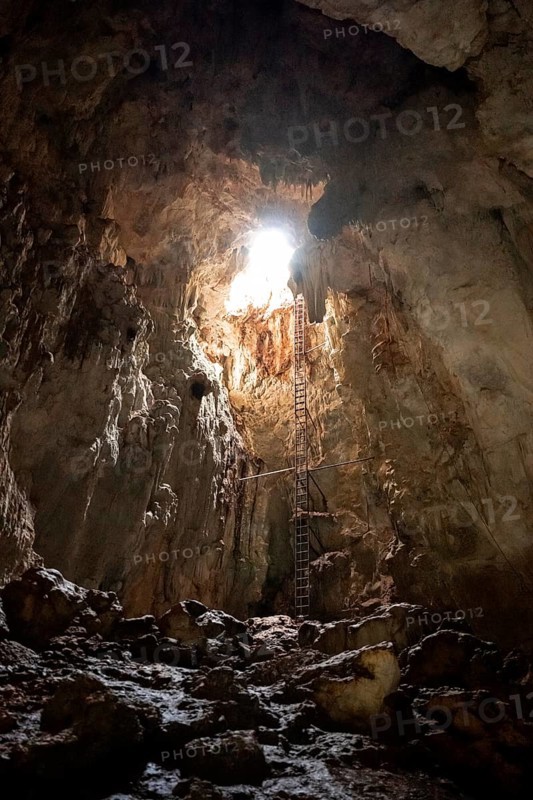 Cave entrance with long ladder, entrance to a stalactite cave, Terciopelo Cave, Barra Honda National Park, Costa Rica, Central America
