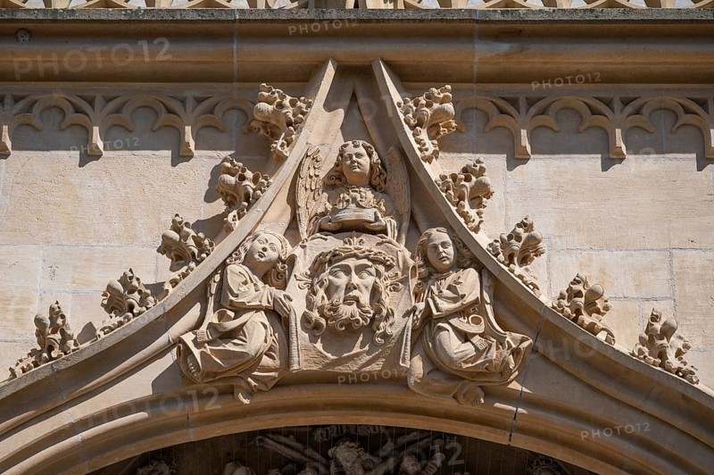 Relief depiction above the entrance portal of the Gothic Heilig-Kreuz-Münster, Rottweil, Baden-Württemberg, Germany, Europe