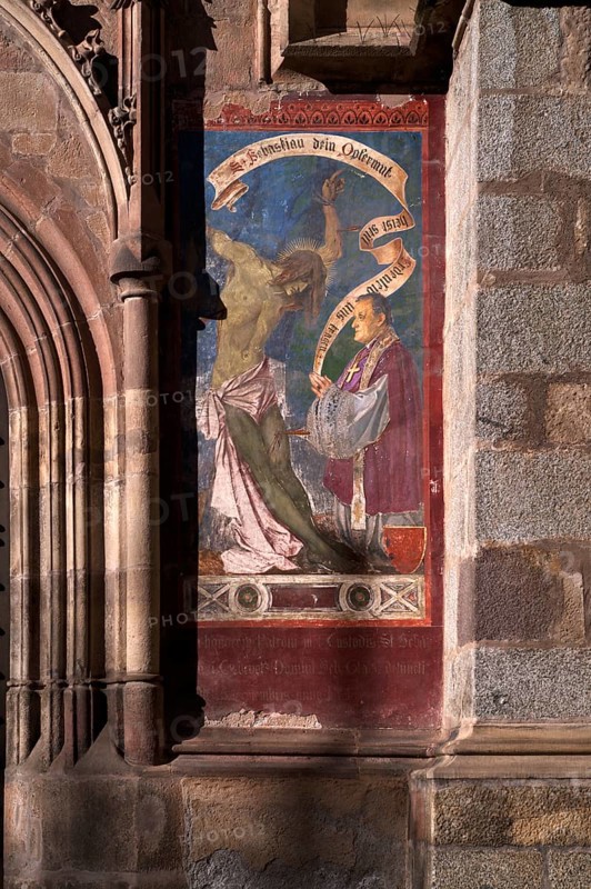 Fresco on the south façade, parish church, parish church of St Nicholas, Merano, Merano, South Tyrol, Autonomous Province of Bolzano, Italy, Europe