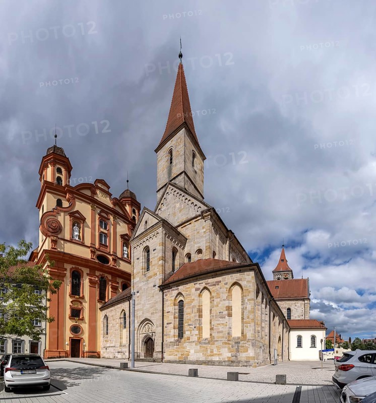 Protestant town church, on the right the Catholic basilica of St Vitus in the architectural style of late Romanticism. Town view of Ellwangen, Baden-Württemberg, Germany, Europe