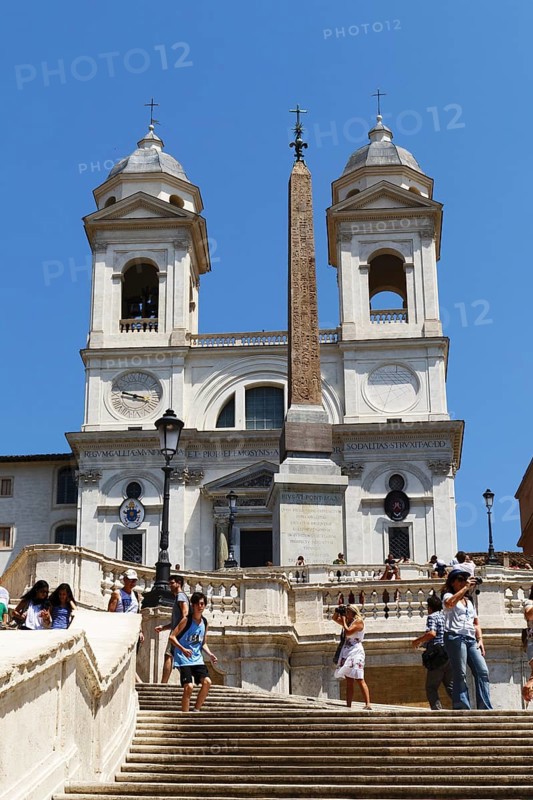The church Santissima Trinita dei Monti, Santa Trinita dei Monti or Santissima Trinita al Monte Pincio, Most Holy Trinity on Mount Pincio, and the Obelisco Sallustiano, above the Spanish Steps in Rome, Italy, Europe
