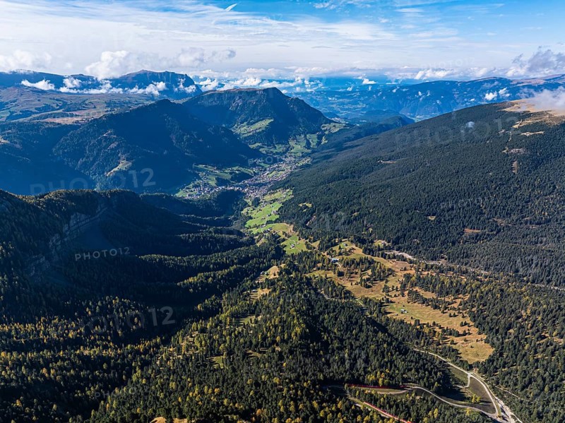 The Val d'Anna valley, behind the village of Ortisei in Val Gardena, drone shot, Val Gardena, Dolomites, Autonomous Province of Bolzano, South Tyrol, Italy, Europe