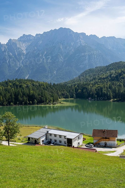 Restaurants at Lautersee, Karwendel Mountains, Alps, Mittenwald, Werdenfelser Land, Upper Bavaria, Bavaria, Germany, Europe