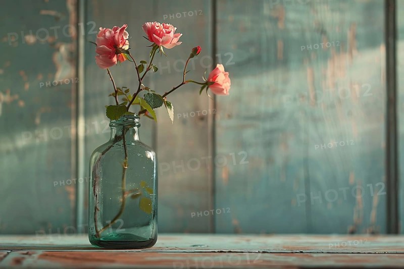 Glass vase with pink rose flowers. Genertaive AI, AI generated