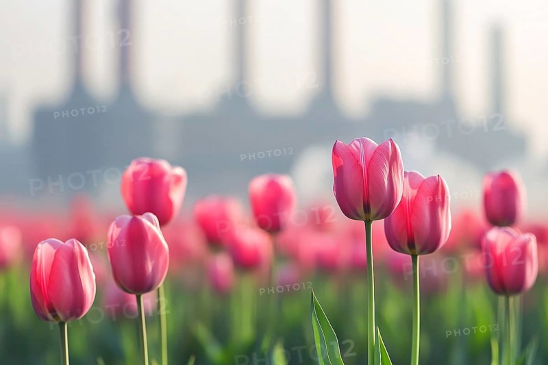 Field with pink tulip flowers and factory with grey fumes in background. Generative Ai, AI generated