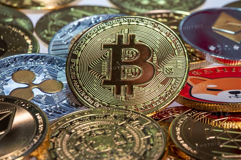 Various cryptocurrencies, symbol coins, optical placeholder for the digital currency, blockchain, Bitcoin, Ripple, Ethereum, Shiba Inu, Eos, Litecoin, Monero, Stellar, Adalevea, Qtum Blockchain, Tron, Maya