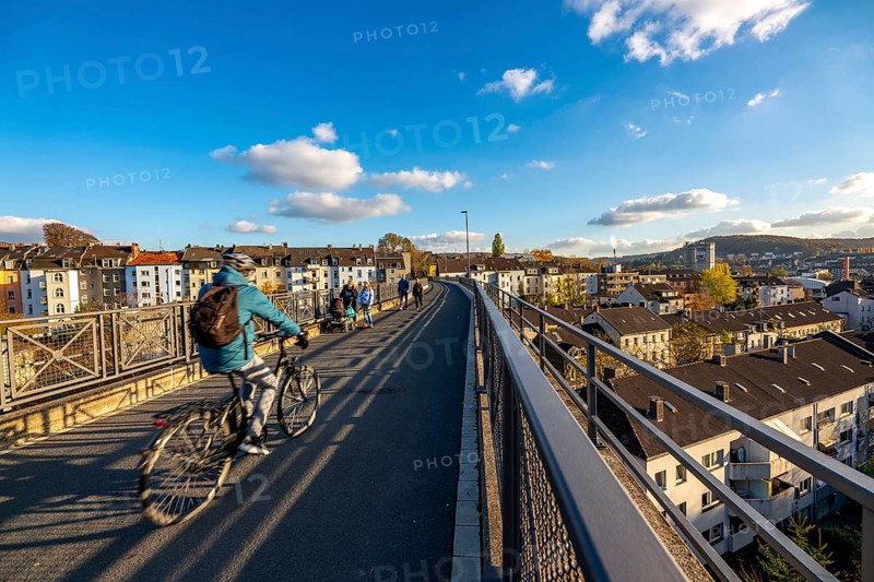 The Nordbahntrasse, a cycle path, footpath, on a former 22 km long railway line, along the west-east axis of Wuppertal, on the northern slope, with many tunnels, viaducts and views of the city, Wuppertal, North Rhine-Westphalia, Germany, Europe