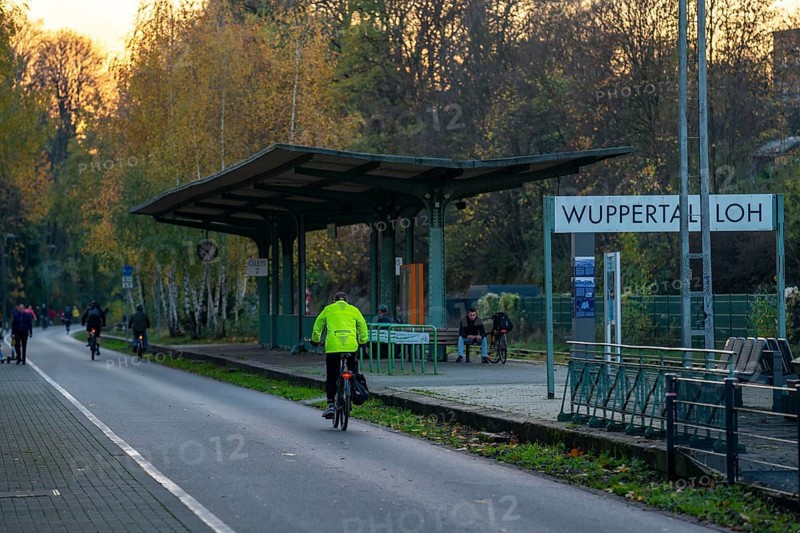 The Nordbahntrasse, a cycle path, footpath, on a former 22 KM long railway line, along the west-east axis of Wuppertal, on the northern slope, with many tunnels, viaducts and views of the city, old railway platform, Wuppertal, North Rhine-Westphalia, Germany, Europe