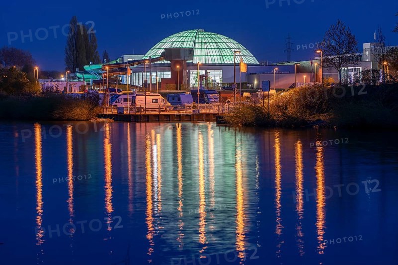 AQUApark Oberhausen leisure and fun pool, marina on the Rhine-Herne Canal, pitch for motorhomes, in Oberhausen, North Rhine-Westphalia, Germany, Europe