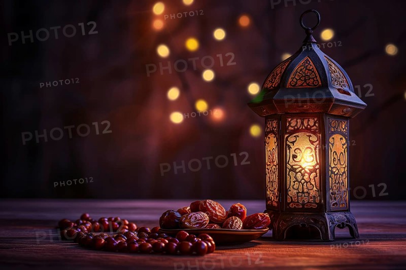 Ramadan lantern with a plate of succulent figs, set on an ornate table with intricate designs, evoking the rich traditions and serene moments of the holy month, AI generated