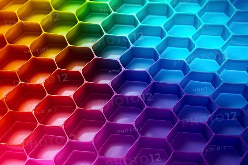 Honeycomb pattern illuminated with vibrant gradient colors abstract background, AI generated