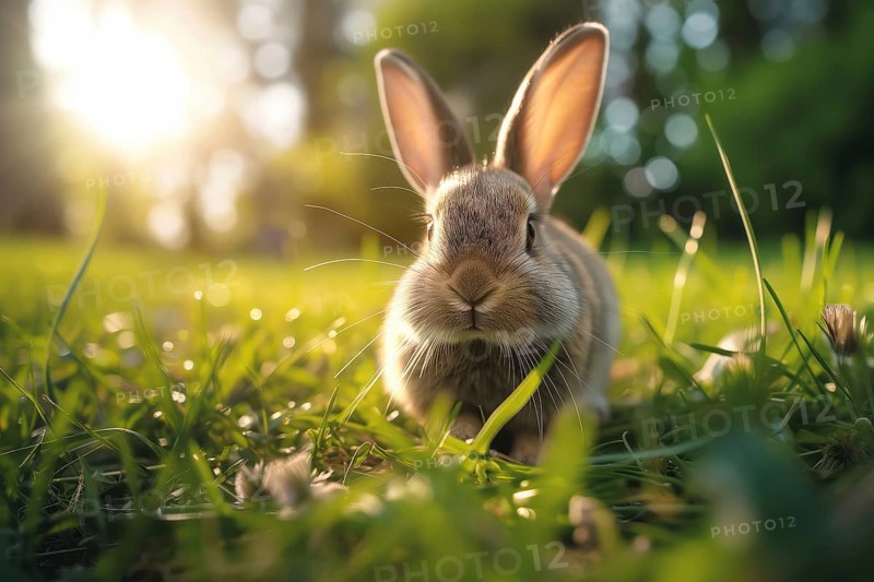 Bunny with large, attentive ears, basking in the golden hour sunlight amidst a lush green field, AI generated