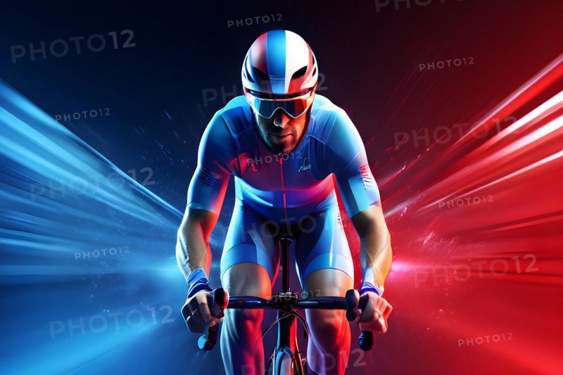 Abstract digital render of an olympic triathlete on the bike morphing into fluid shapes, AI generated, Paris, Paris, Olympic Games