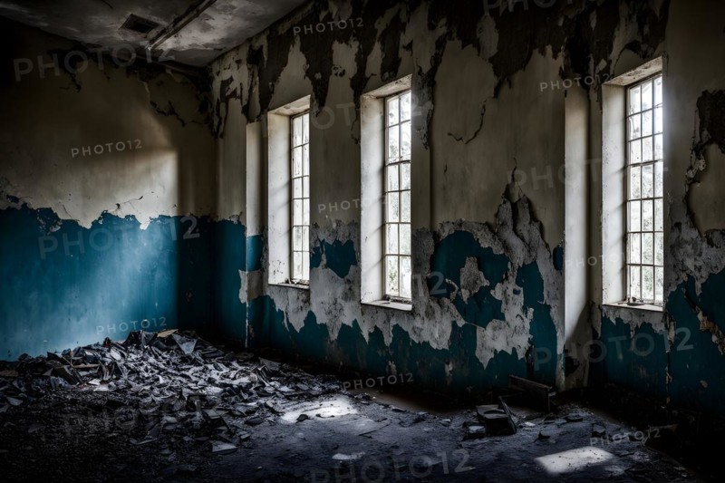 Abandoned asylum walls peeling paint cracked plaster whispering silent histories, AI generated