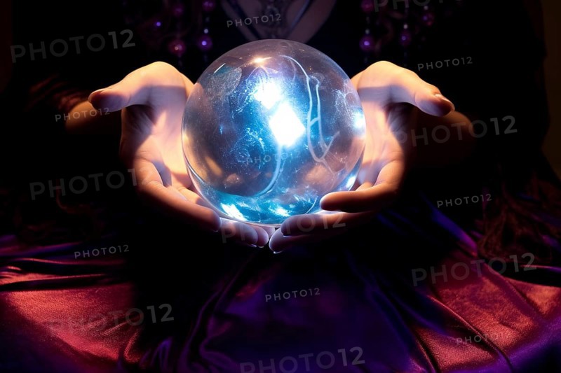 Fortune teller's hands holding blue crystal ball. KI generiert, generiert AI generated