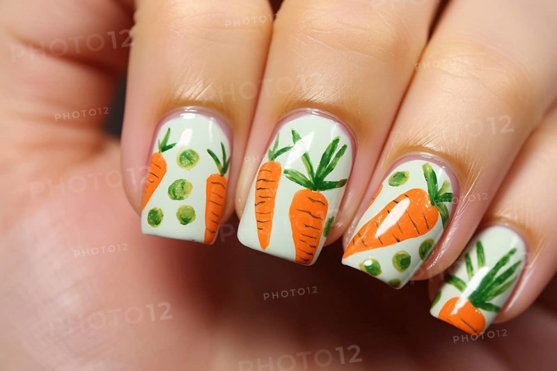 Close up of woman's fingernails with Easter carrot nail art design. KI generiert, generiert AI generated