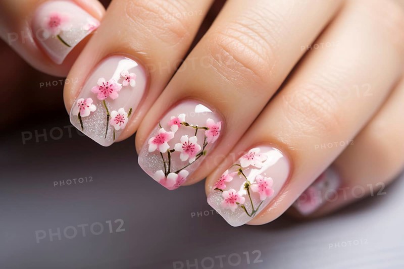 Woman's fingernails with spring cherry blossom nail art design. KI generiert, generiert AI generated