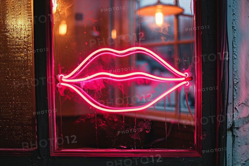 Pink neon light in shape of kiss lips hanging in window of bar at night. KI generiert, generiert, AI generated
