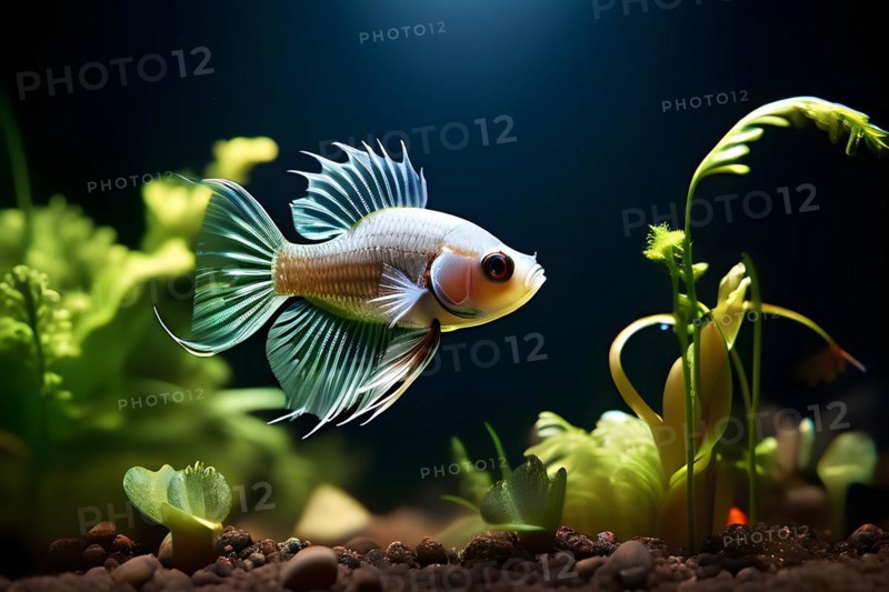 Single betta fish swimming gracefully in a minimalist nano tank encircled by delicate aquatic plant, AI generated