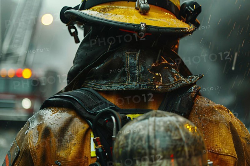 Back view of firefighter with helmet and oxygen flask. KI generiert, generiert, AI generated