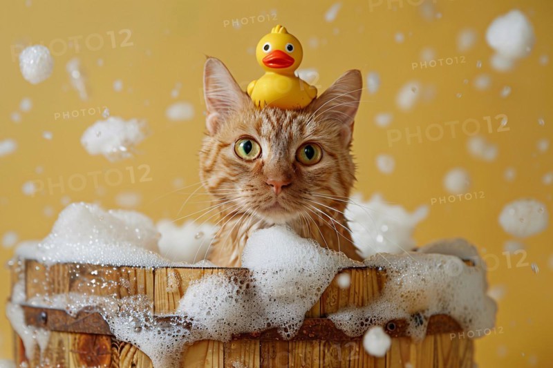 Funny cat with rubber duck on head in washtub with foam in front of pink studio background. KI generiert, generiert, AI generated