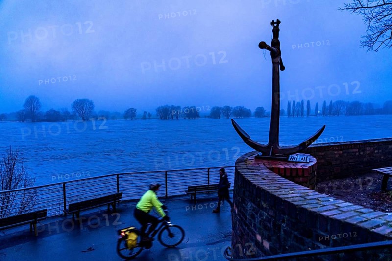 High water on the Rhine at Düsseldorf-Kaiserswerth, foggy weather, riverside paths and Rhine meadows are partly flooded, the Rhine ferry has stopped operating, initial restrictions on shipping apply, Düsseldorf, North Rhine-Westphalia, Germany, Europe