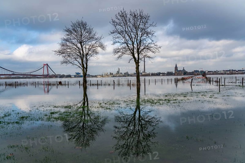 Flood on the Rhine, flooded Rhine meadows, fields, Rhine bridge Emmerich, road bridge of the B220, Lower Rhine, here near Emmerich, North Rhine-Westphalia, Germany, Europe