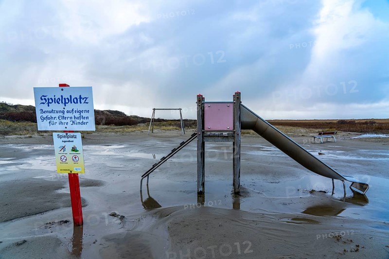 Playground on the beach, in the west of Borkum, island, East Frisia, winter, season, autumn, Lower Saxony, Germany, Europe