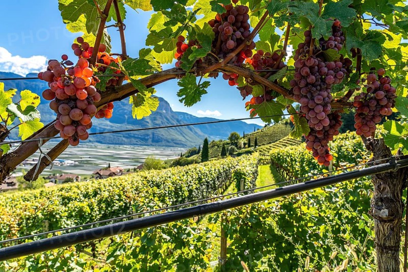 Wine growing, in the Adige Valley, near the village of Tramin on the wine road, view from the vineyards to the village, South Tyrol, Italy, Europe
