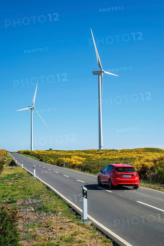 Green renewable alternative energy in Portugal, wind generator turbines among Cytisus flower shrubs generating electricity wind farm with red car on road on Madeira island, Portugal, Europe