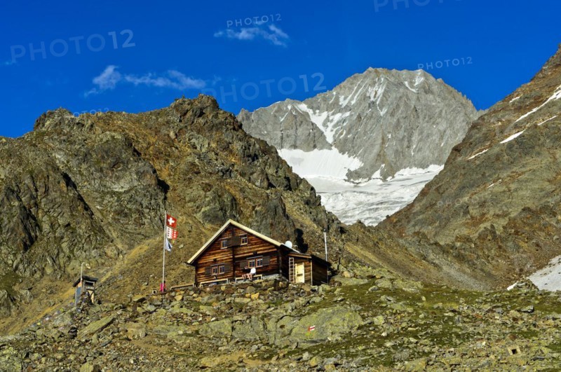 Bietschhorn hut of the Academic Alpine Club of Bern AACB, Bietschhorn summit at the rear, Lötschental, Valais, Switzerland, Europe