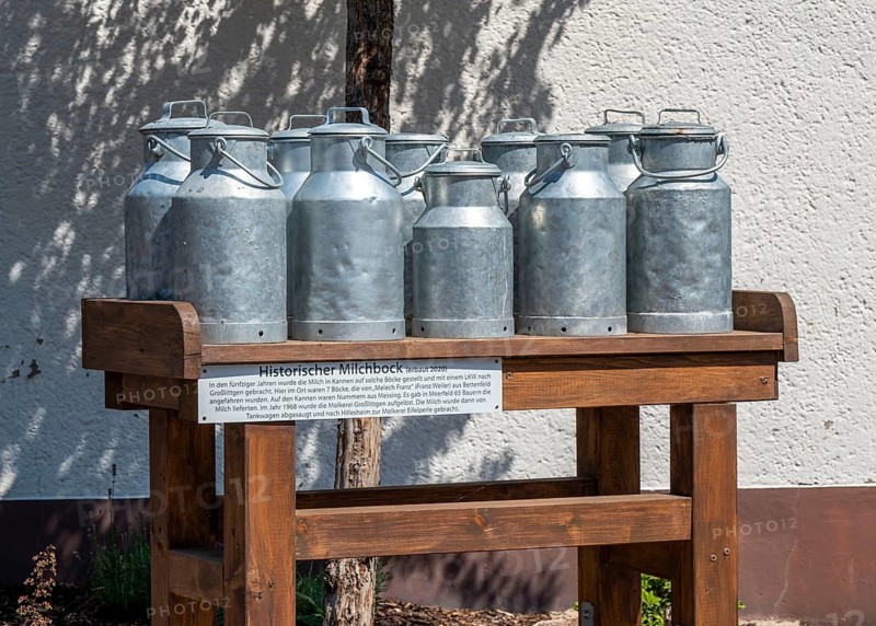 Replica of a milk block, where the milk cans were deposited by the dairy farmers, which were then collected and taken to a dairy, Meerfeld, Vulkaneifel, Eifel, Rhineland-Palatinate, Germany, Europe