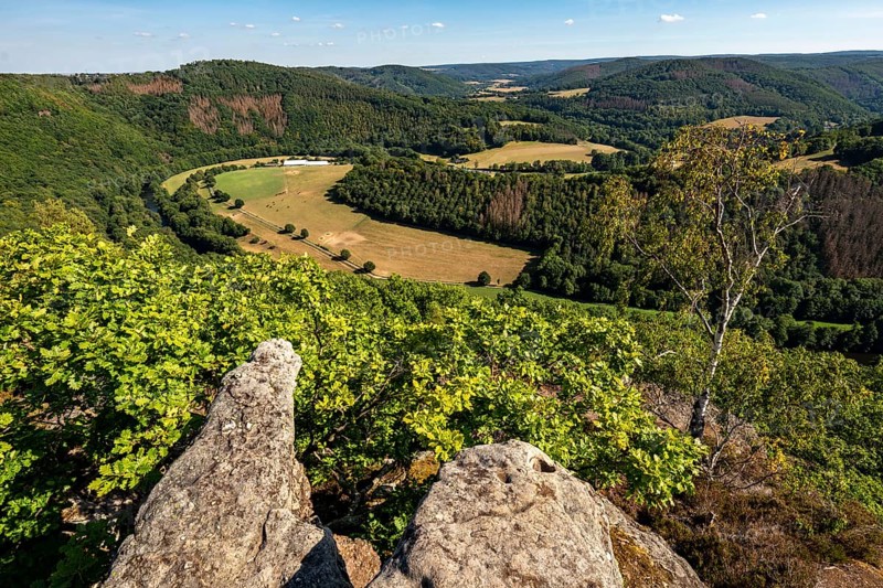 Eugenienstein, view into the Rur valley, landscape along the red sandstone route, in the Rureifel, near Nideggen, Düren district, North Rhine-Westphalia, Germany, Europe