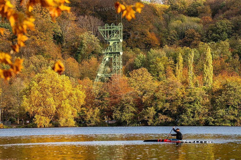 Lake Baldeney, on the western shore, Heisingen district, headframe of the former Carl Funke colliery, Essen, autumn, North Rhine-Westphalia, Germany, Europe