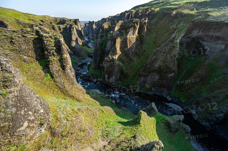 Fjaðrárgljúfur Canyon, Fjadrargljufur, rock formations in rugged deep canyon with river in the evening light, near Kirkjubæjarklaustur, South Iceland, Iceland, Europe