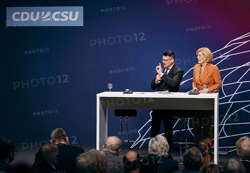 Boris Rhein, Minister President of the State of Hesse and Julia Klöckner, Federal Treasurer of the CDU, recorded at the event, Wir hören zu | Gipfel der CDU/CSU-Fraktion I Wirtschaftswende für Deutschland in the German Bundestag in Berlin, 1 February 2024