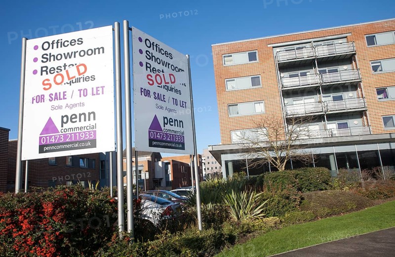 Sold sign for Penn estate agent commercial property at the Waterfront development around the Wet Dock, Ipswich, Suffolk, England, United Kingdom, Europe