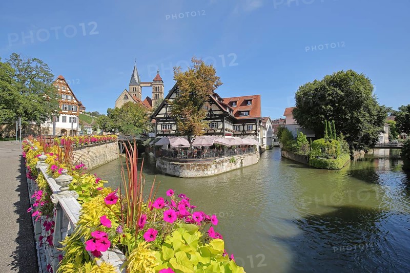 Agnes Bridge over the Rems with half-timbered house Restaurant Alte Zimmerei and Gothic town church St. Dionys River, bridge, bank, flower decoration, river island, Esslingen, Baden-Württemberg, Germany, Europe