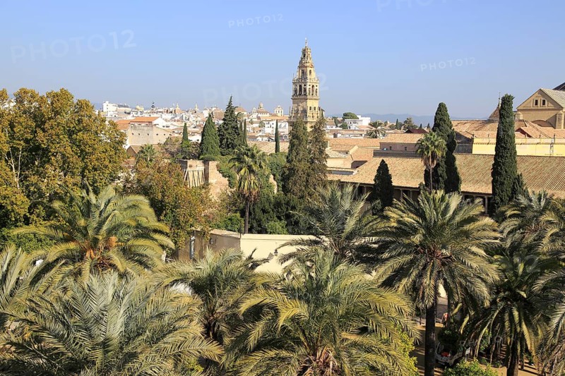 View of historic city centre and belfry bell tower, Toree del Laminar, Grand Mosque, Cordoba, Spain, Europe
