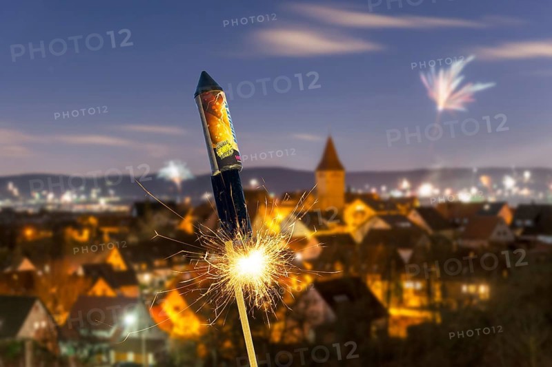 Photomontage, Ignited rocket, fireworks on New Year's Eve, view of Korb-Steinreinach in the Rems valley, church tower, Rems-Murr district, Baden-Württemberg, Germany, Europe