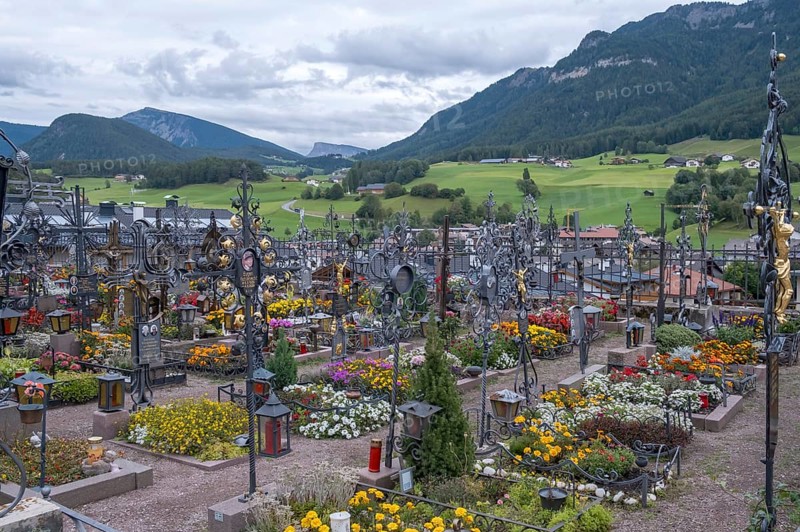 Cemetery with wrought-iron grave crosses, Castelrotto South Tyrol Italy