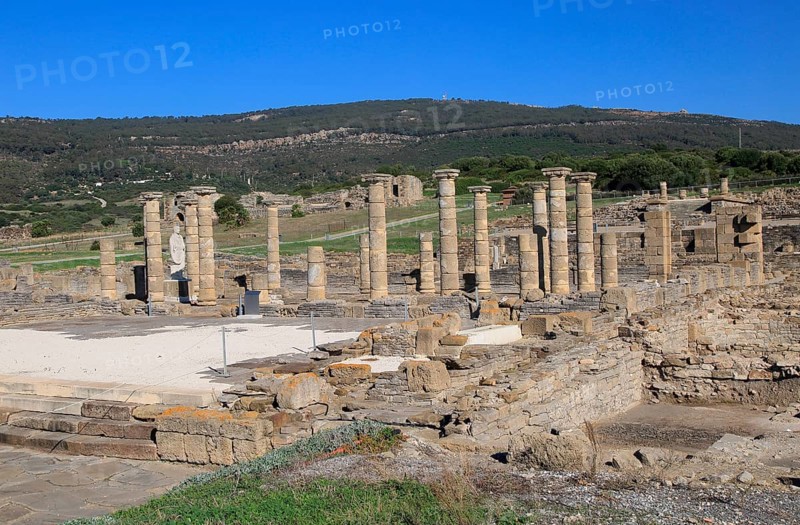 Statue of Emperor Trajan in the forum, Baelo Claudia Roman site, Cadiz Province, Spain, Europe