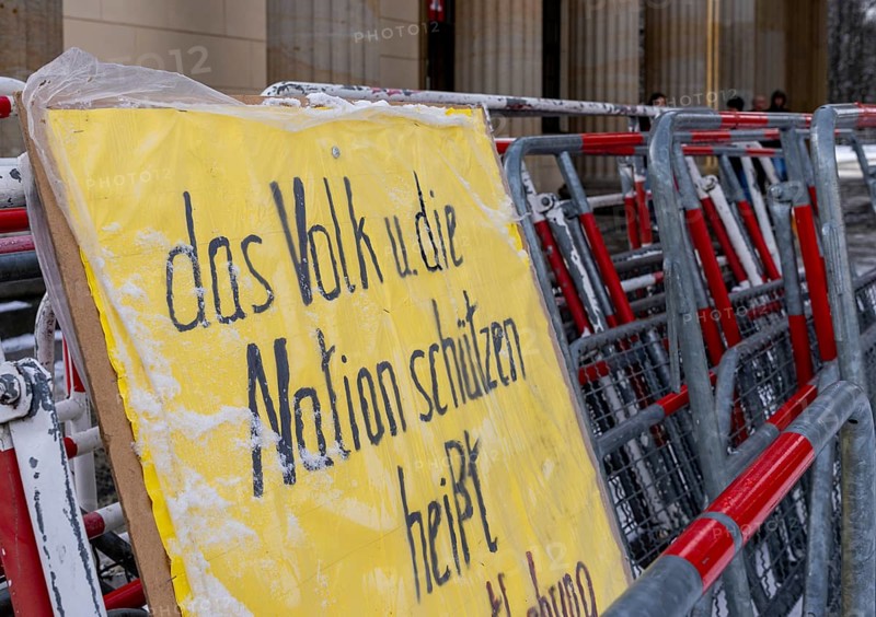 Demonstration, posters and barriers at the Brandenburg Gate, Berlin, Germany, Europe