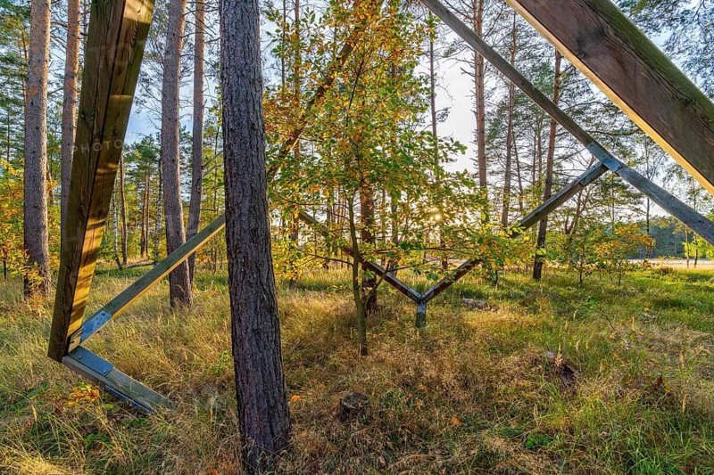 Art installation with large wooden cubes, artist Susken Rosenthal, International Art Trail, Hoher Fläming nature park Park, Brandenburg, Germany, Europe