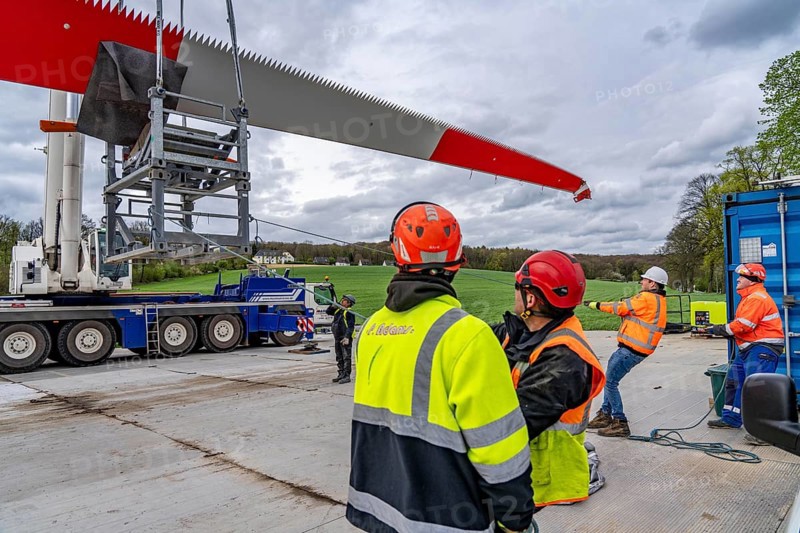 Preparation for the transport of a 68 metre long blade, a wind turbine, with a self-propelled Blade-Lifter vehicle, over a 40 km long route in the Bergisches Land, through towns, villages, over country roads, narrow through roads, to the construction site of the wind turbine near Hagen, North Rhine-Westphalia, Germany, Europe